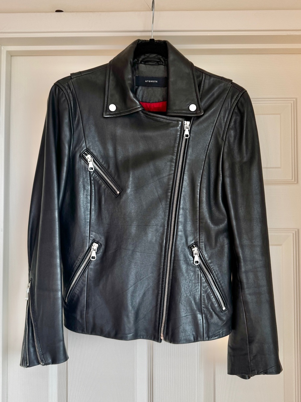 Uterqüe Butter Soft Sheepskin Leather Moto Biker Jacket | Red Satin Lining | M